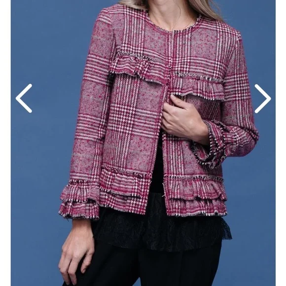 Plaid Ruffle Trim Blazer Jacket Pink Black and White Plaid Size M (Pleione) - Picture 5 of 16